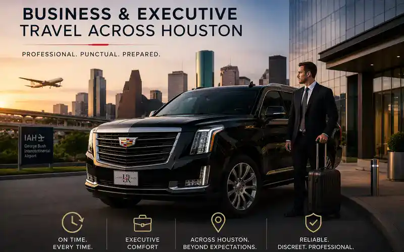 Luxury black Cadillac Escalade with Lavish Ride logo plate parked beside a modern Houston office tower at sunset, featuring a business executive with luggage, downtown skyline views, airport travel atmosphere, and premium executive transportation service across Houston.